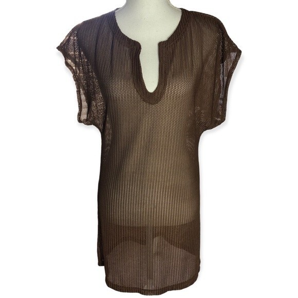 Islander Brown Short Sleeve Mesh Beach Coverup Dress - Picture 1 of 6